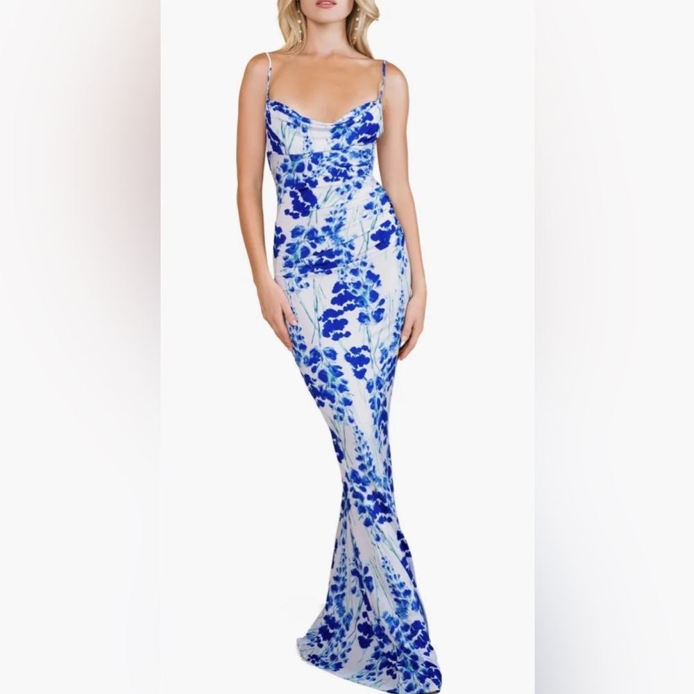 Nwot Katie May Beth Sapphire Floral Low Back Gown Sz L